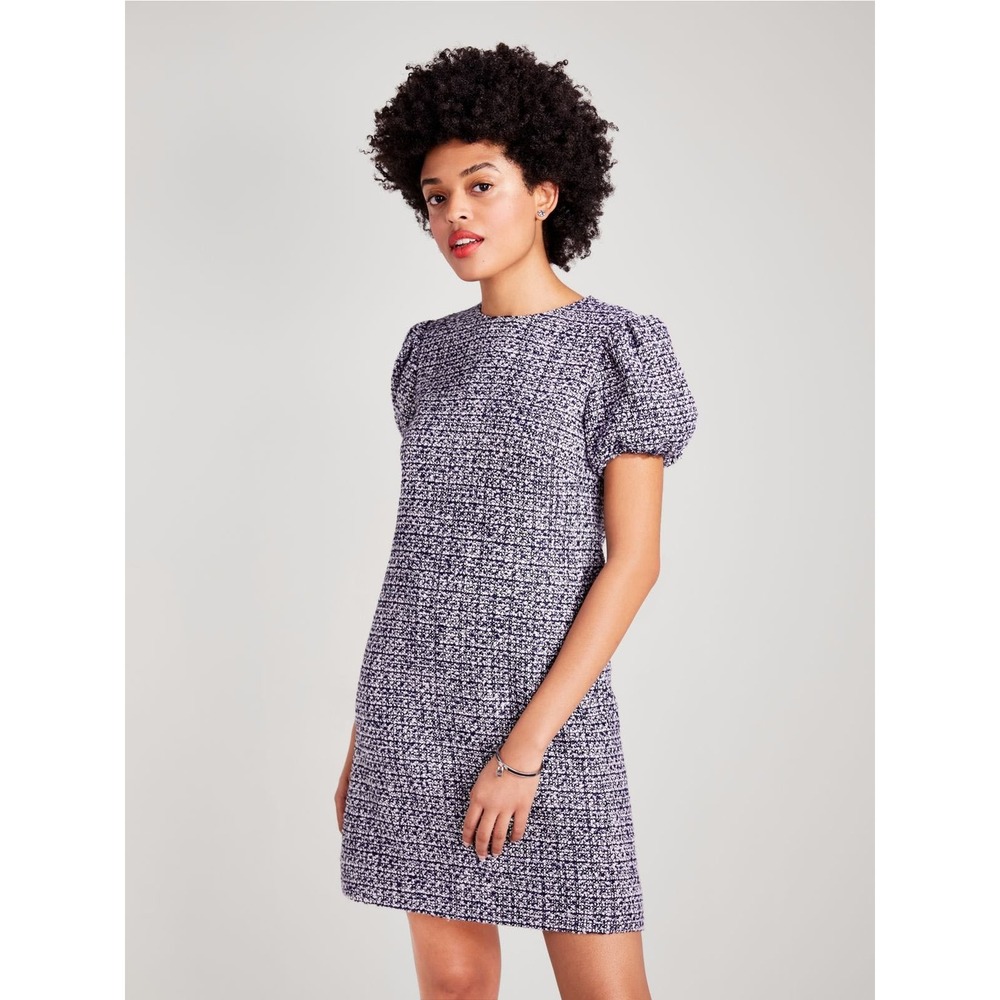 Kate Spade New York Sz 16 Tweed Puff-sleeve Dress Blue White K7408 Womens NWOT